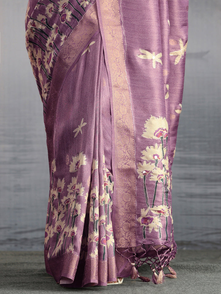 Libas Lavender Floral Printed Silk Blend Saree