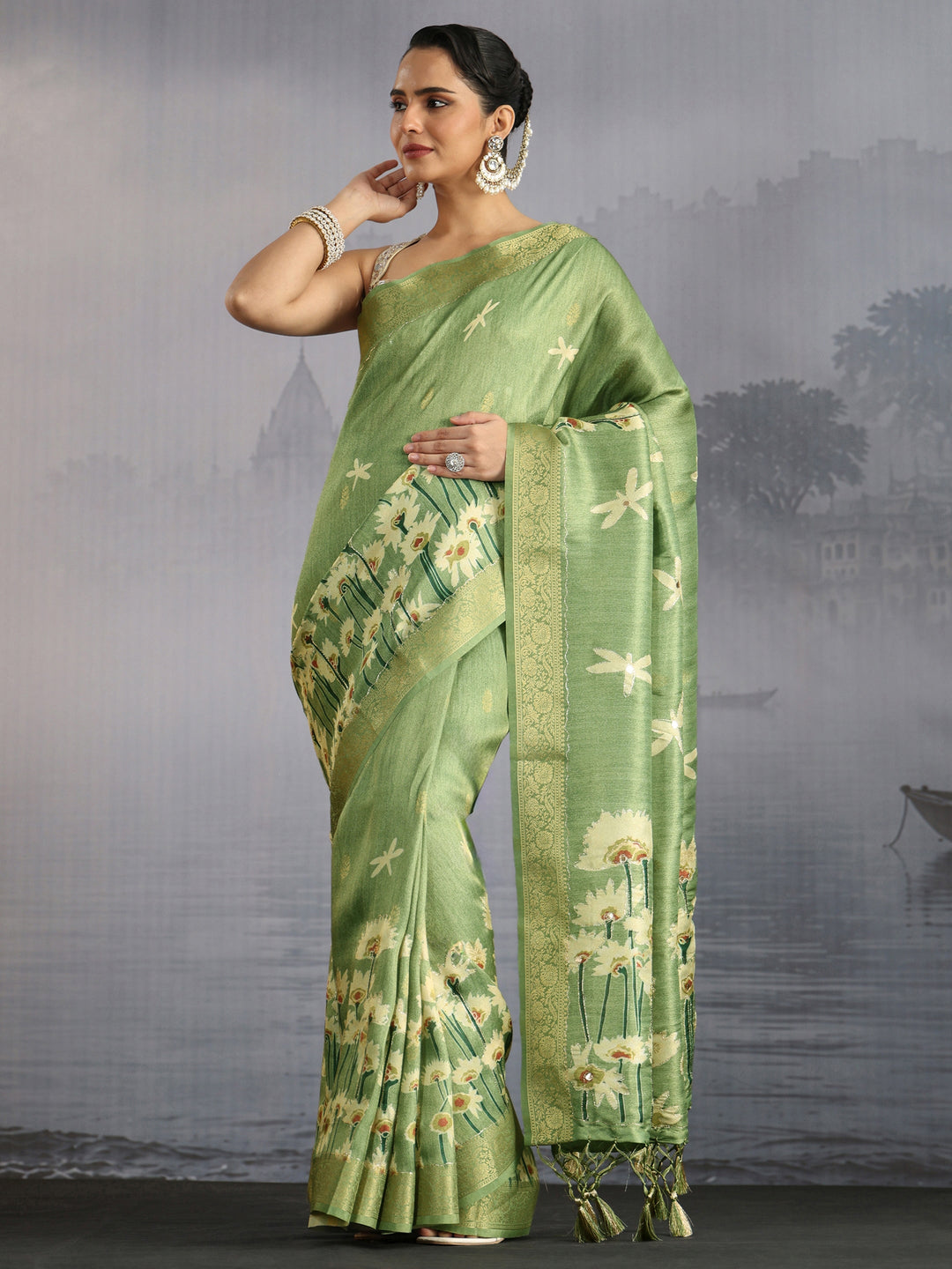 Libas Green Floral Printed Silk Blend Saree