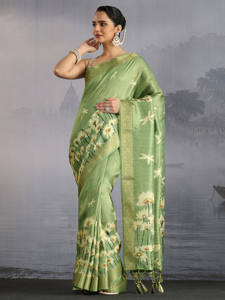 Libas Green Floral Printed Silk Blend Saree