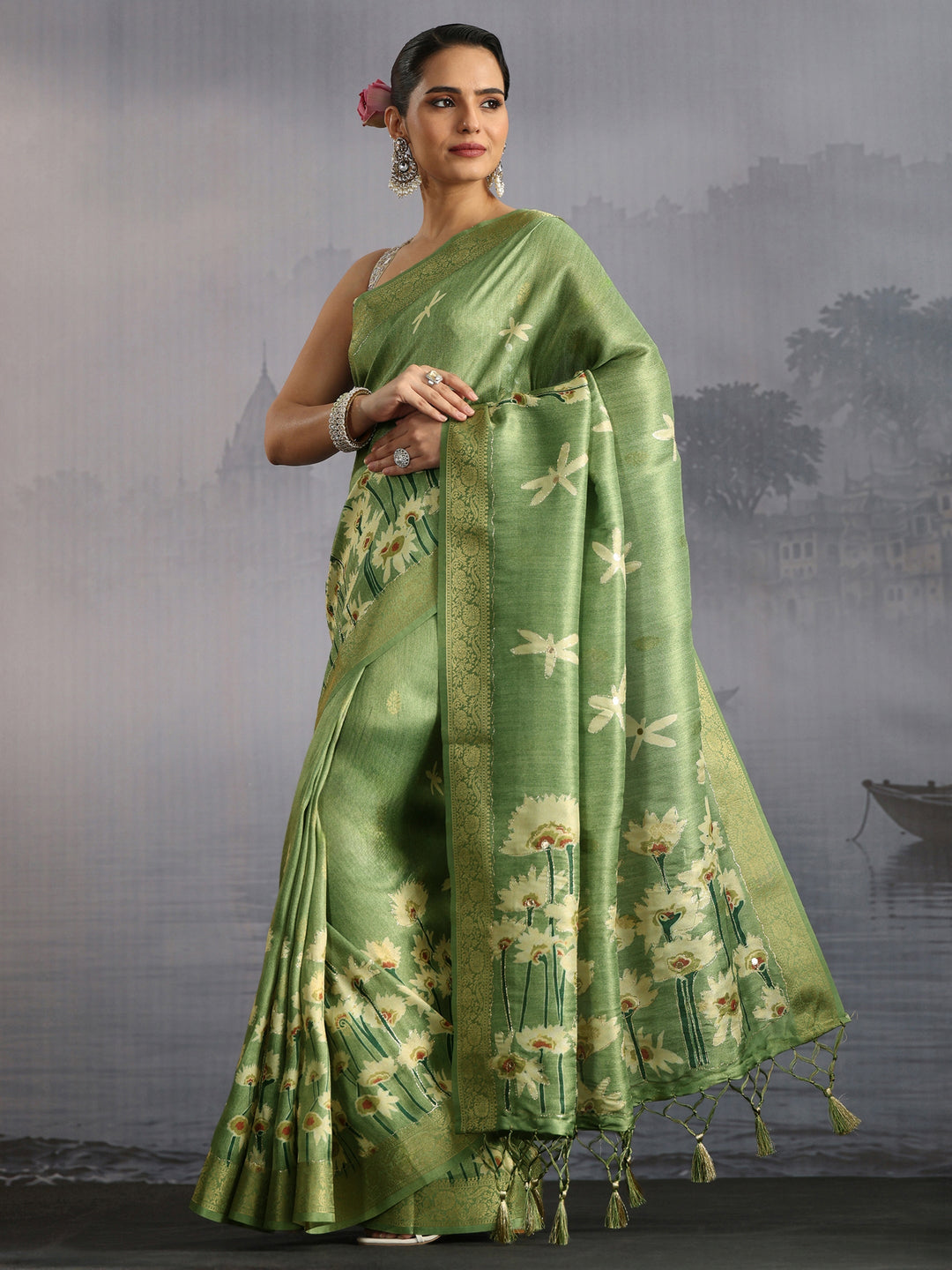 Libas Green Floral Printed Silk Blend Saree