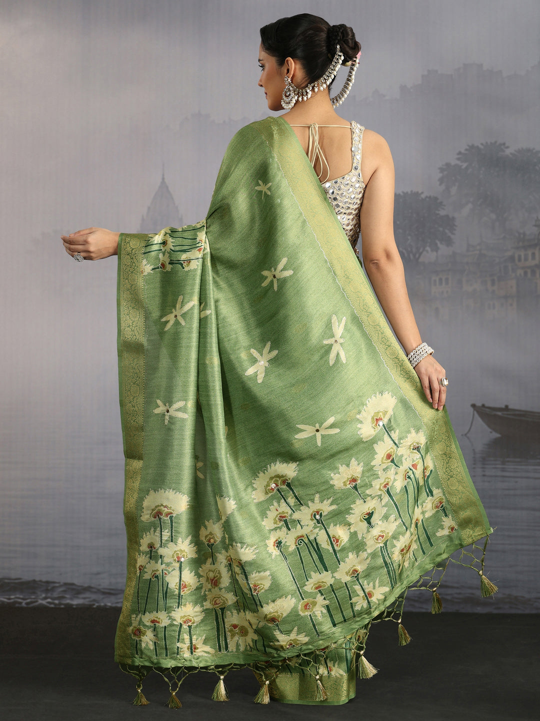 Libas Green Floral Printed Silk Blend Saree