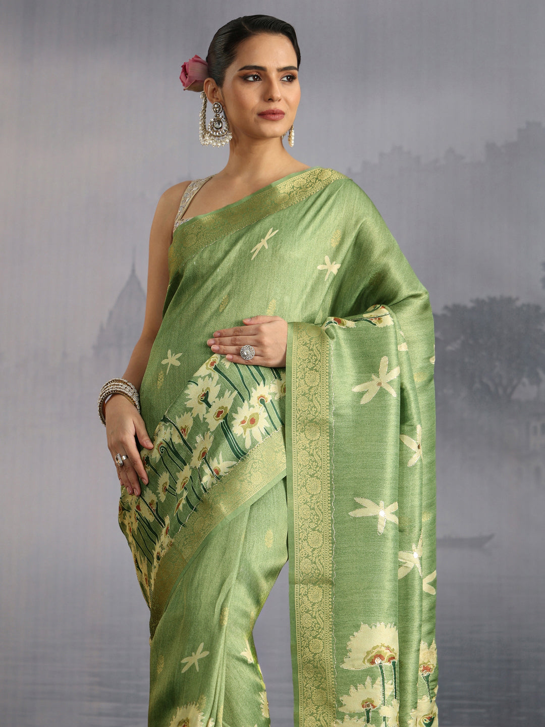 Libas Green Floral Printed Silk Blend Saree