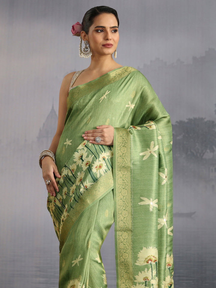 Libas Green Floral Printed Silk Blend Saree