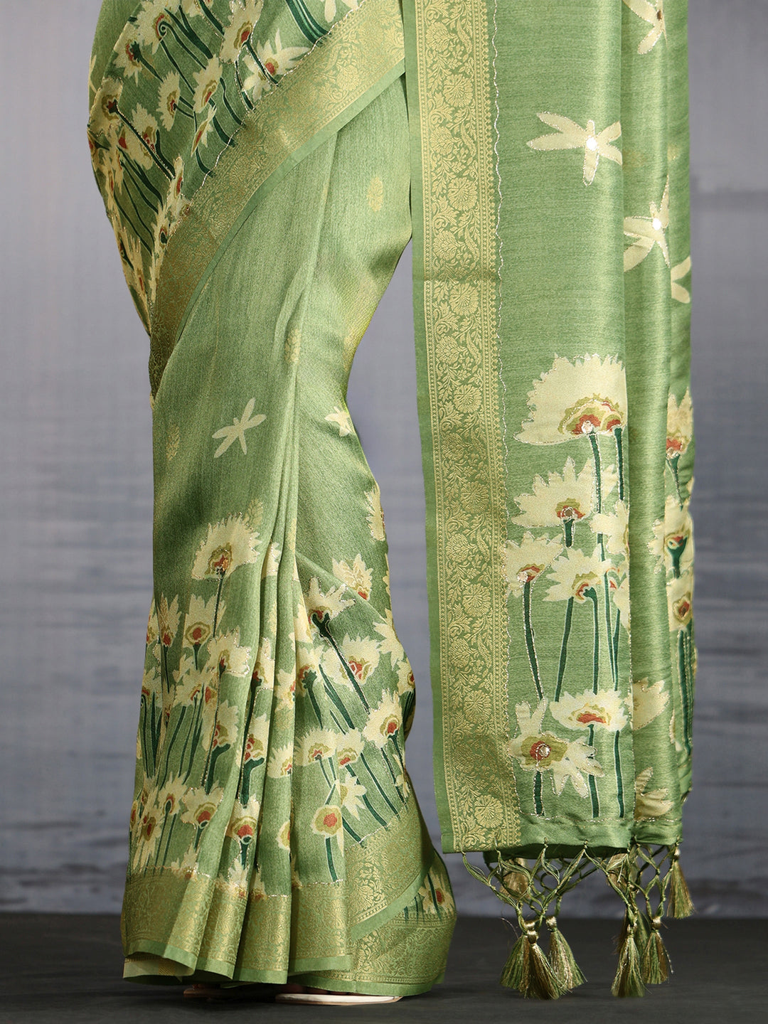Libas Green Floral Printed Silk Blend Saree