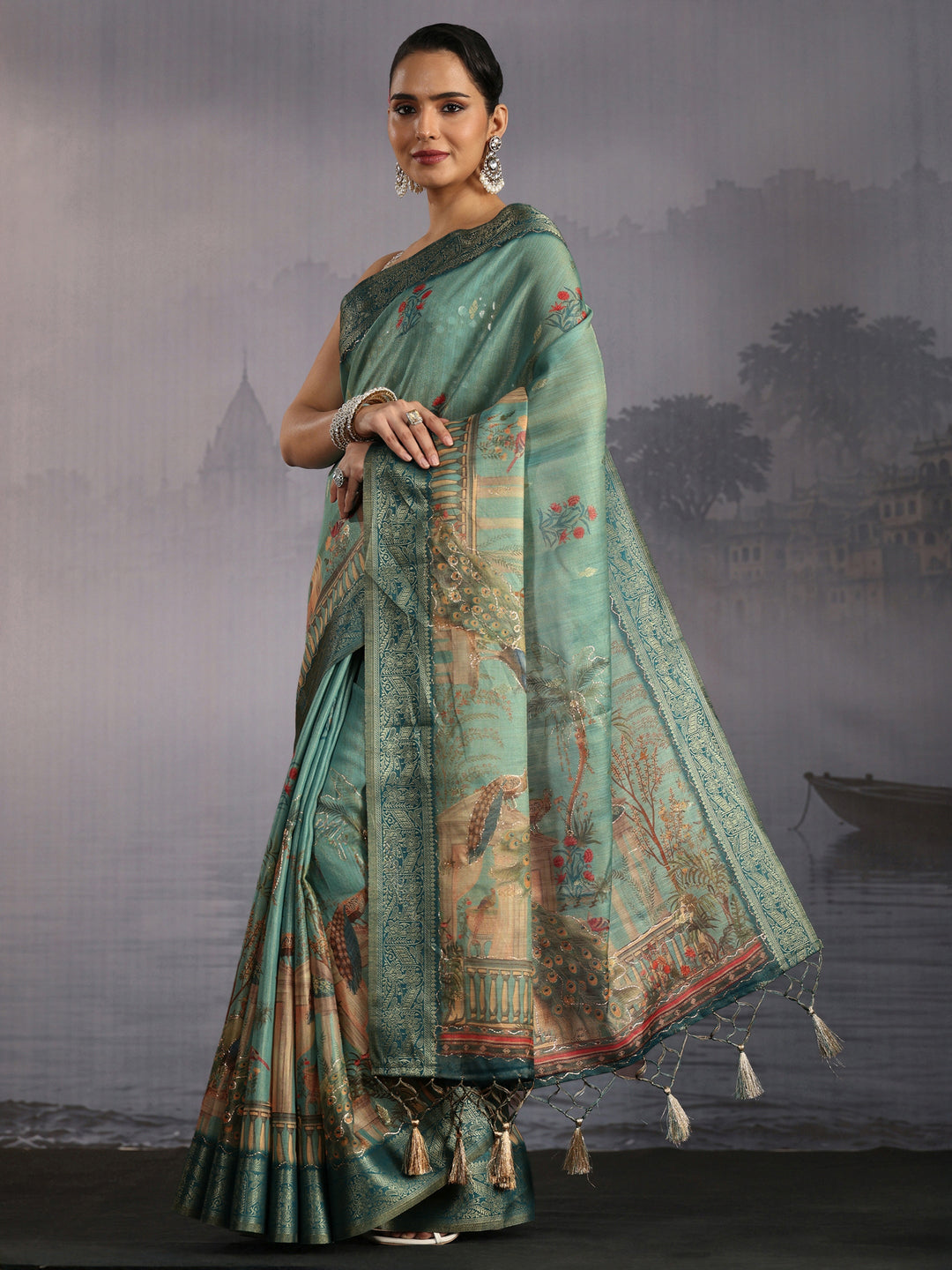 Libas Moss Green Printed Silk Blend Saree