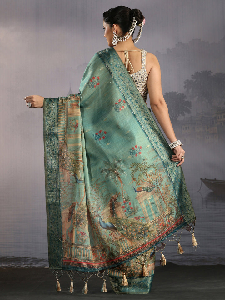 Libas Moss Green Printed Silk Blend Saree