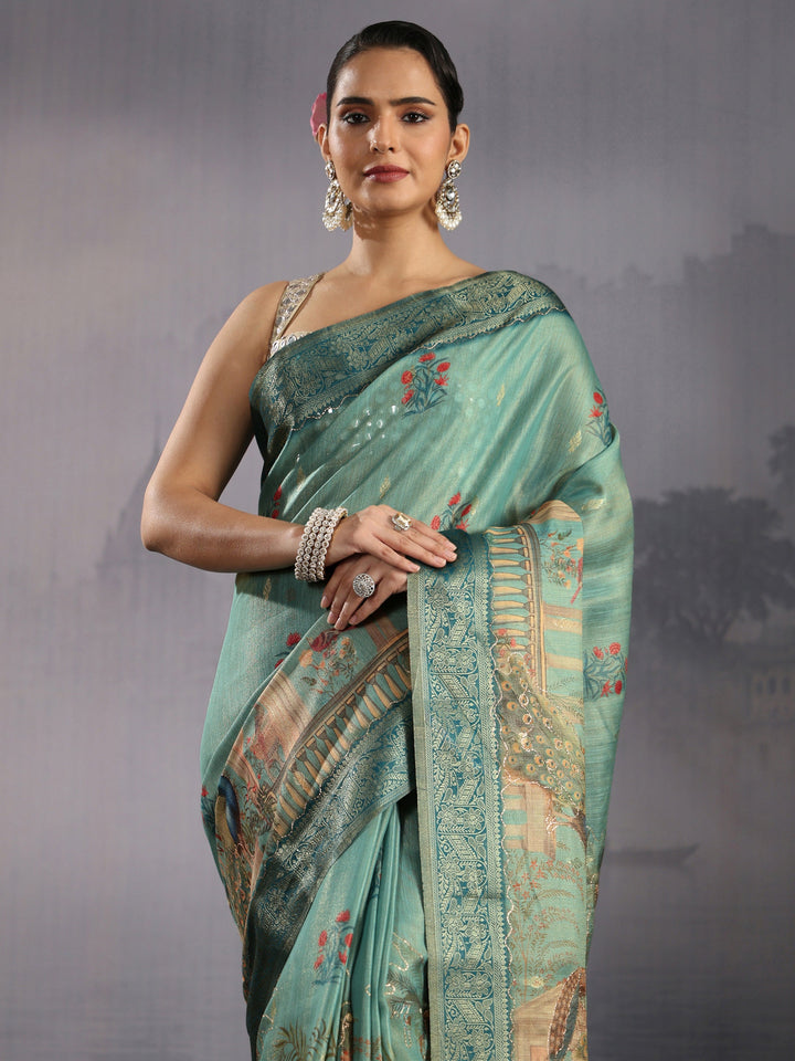 Libas Moss Green Printed Silk Blend Saree