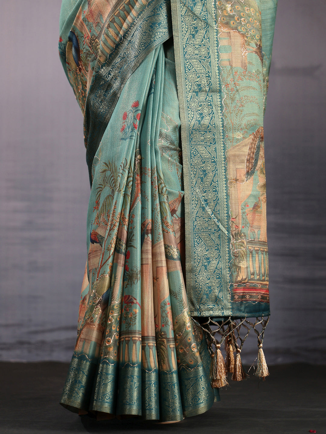 Libas Moss Green Printed Silk Blend Saree