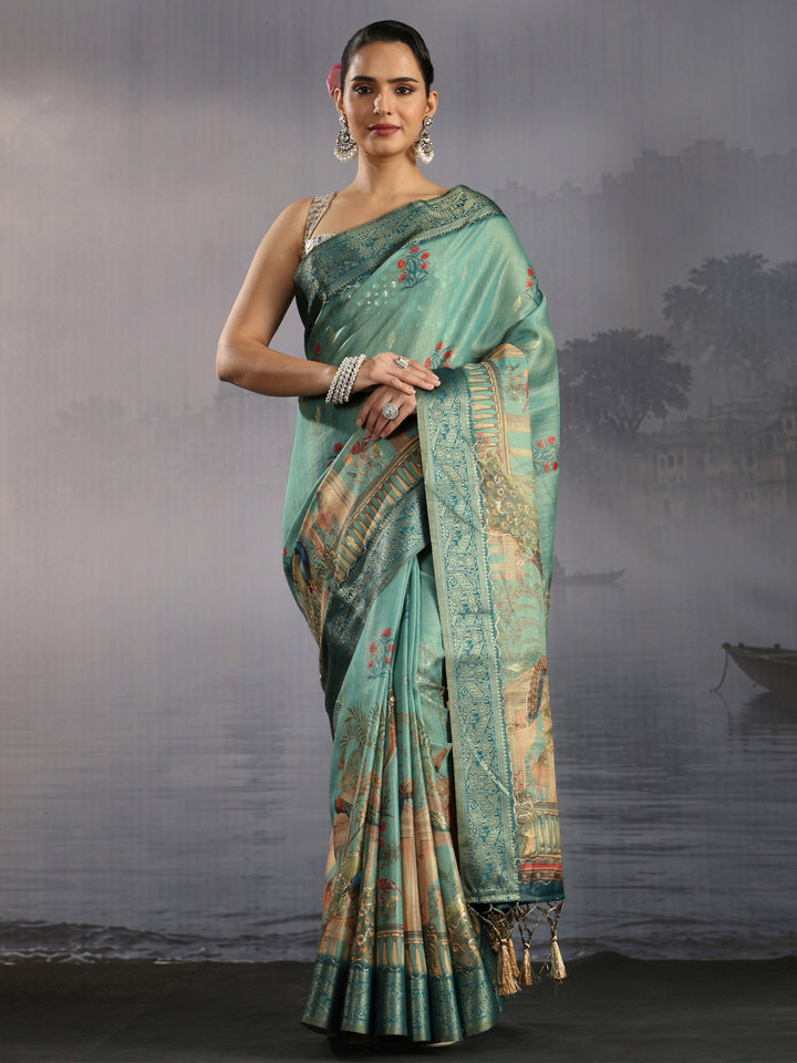 Libas Moss Green Printed Silk Blend Saree