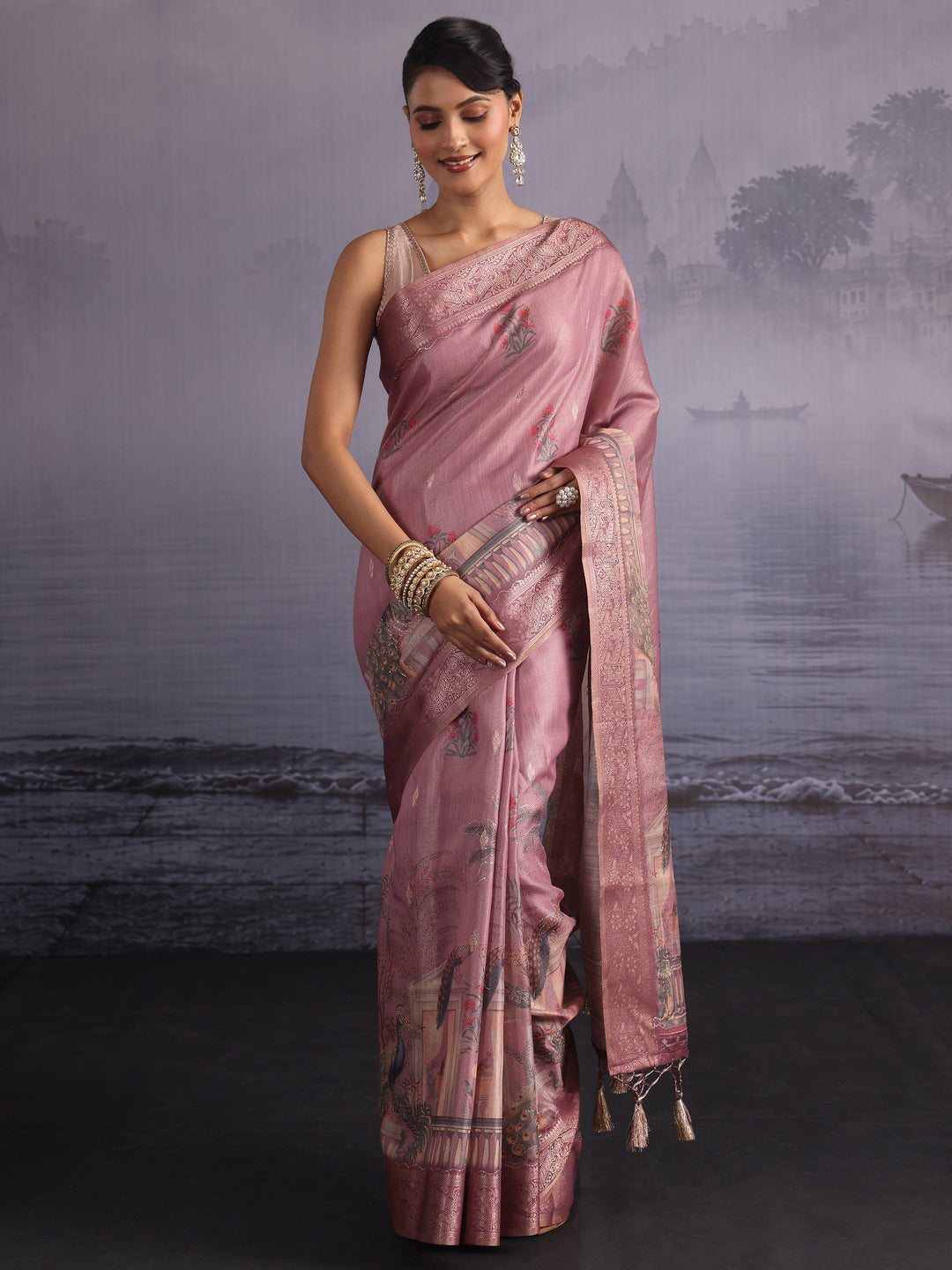 Libas Pink Peacock Printed Silk Blend Tassel Saree