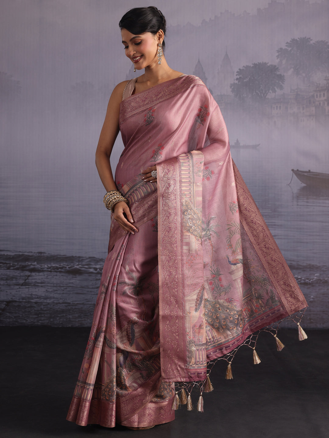 Libas Pink Peacock Printed Silk Blend Tassel Saree