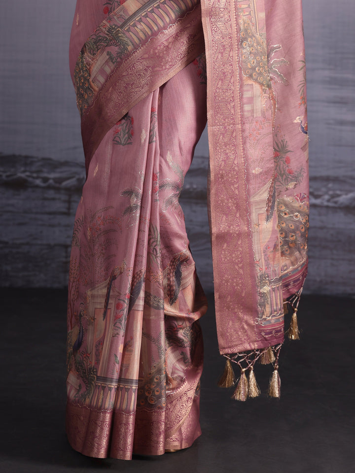 Libas Pink Peacock Printed Silk Blend Tassel Saree