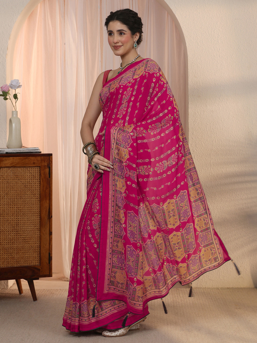 Libas Pink Ethnic Printed Georgette Saree