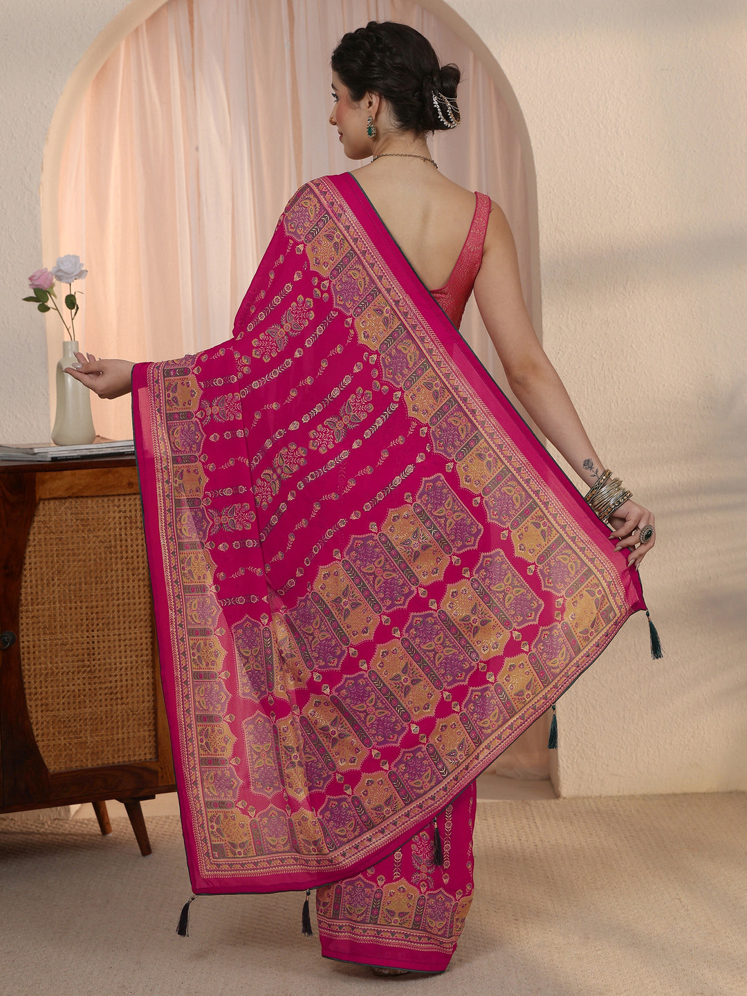 Libas Pink Ethnic Printed Georgette Saree