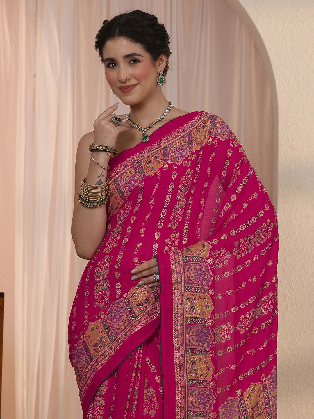 Libas Pink Ethnic Printed Georgette Saree