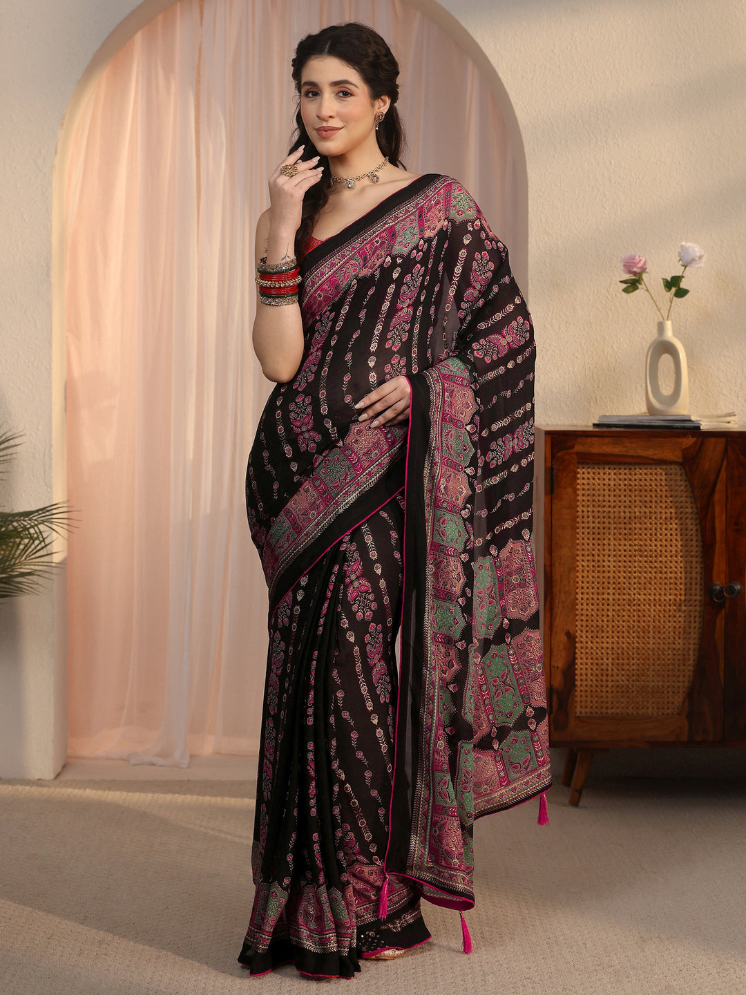 Libas Black Ethnic Printed Georgette Saree