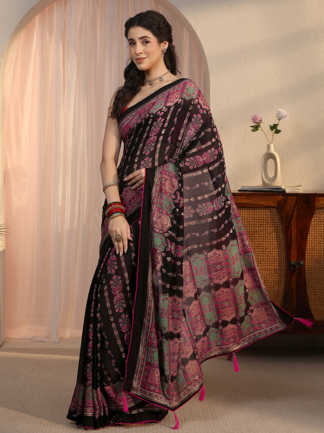 Libas Black Ethnic Printed Georgette Saree