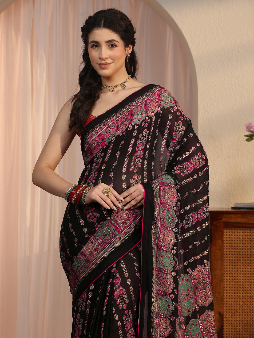 Libas Black Ethnic Printed Georgette Saree