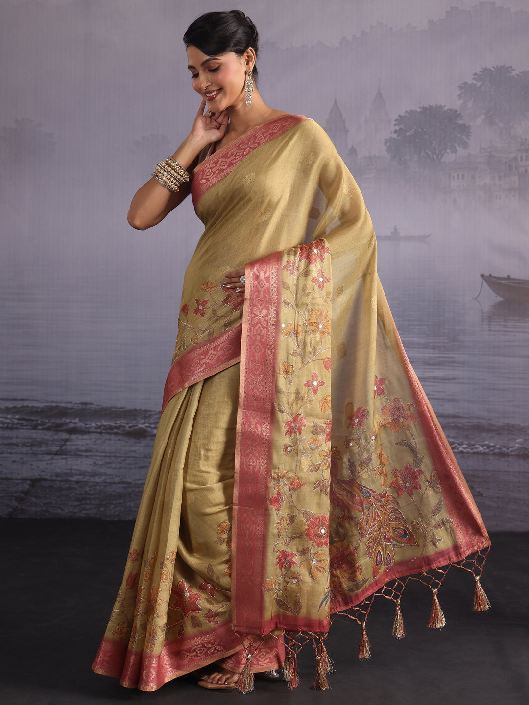Libas Light Green Floral Printed Silk Blend Tassel Saree