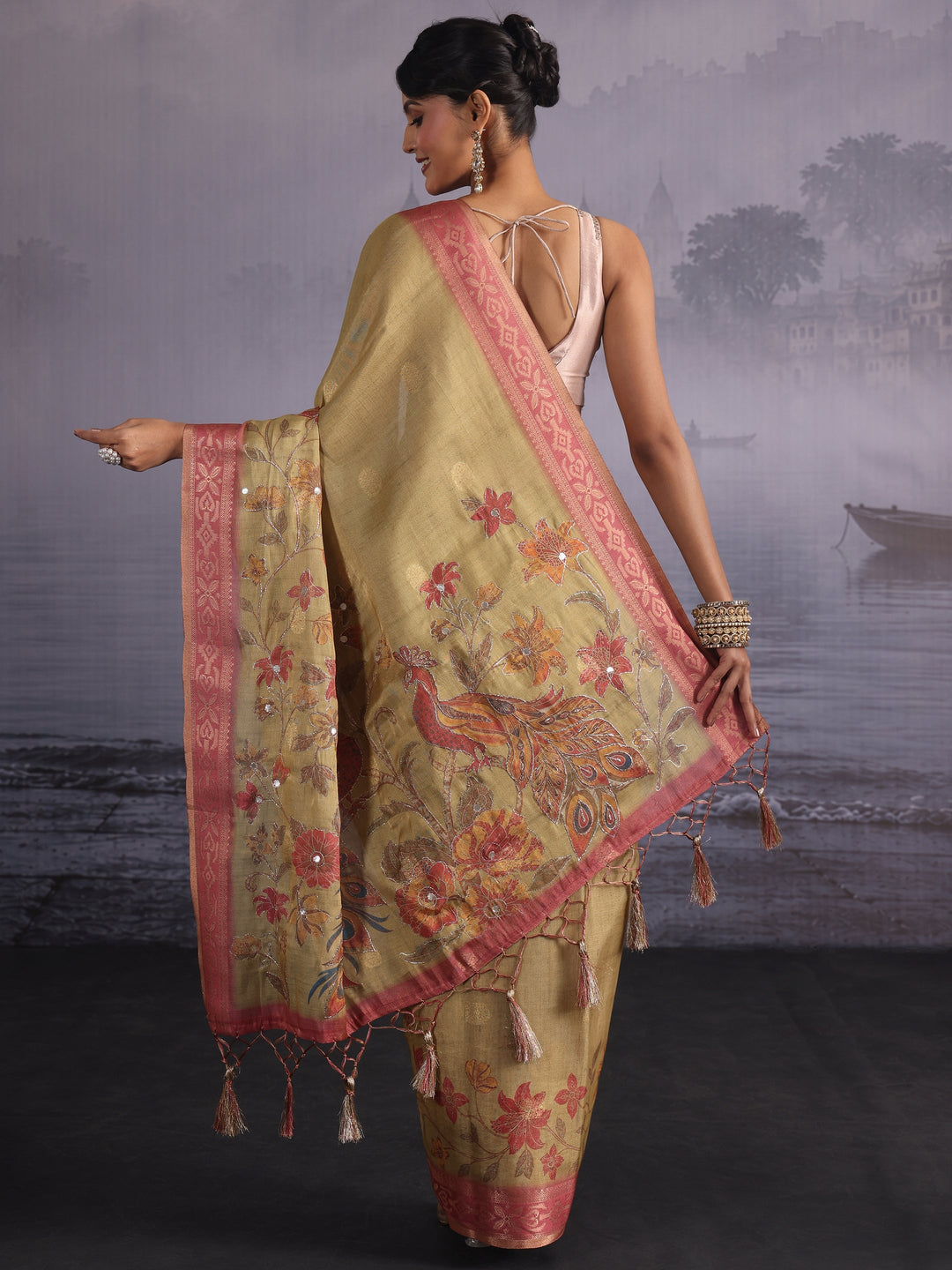 Libas Light Green Floral Printed Silk Blend Tassel Saree