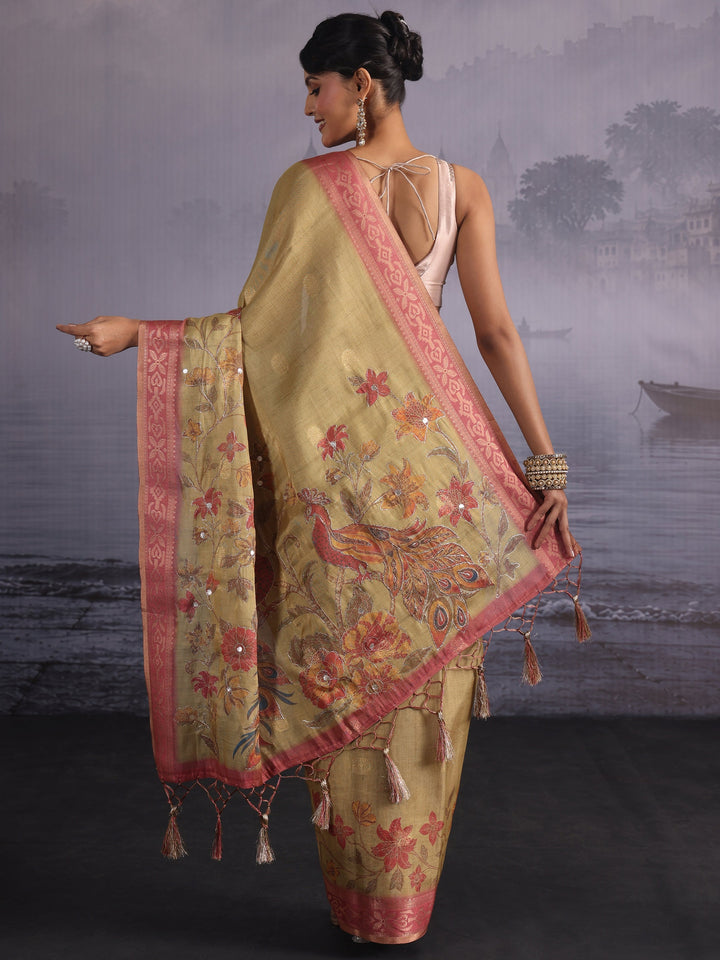 Libas Light Green Floral Printed Silk Blend Tassel Saree