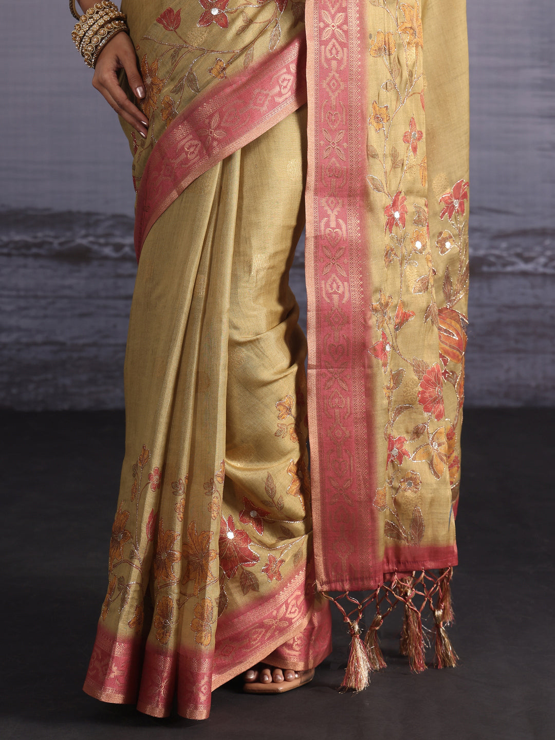 Libas Light Green Floral Printed Silk Blend Tassel Saree