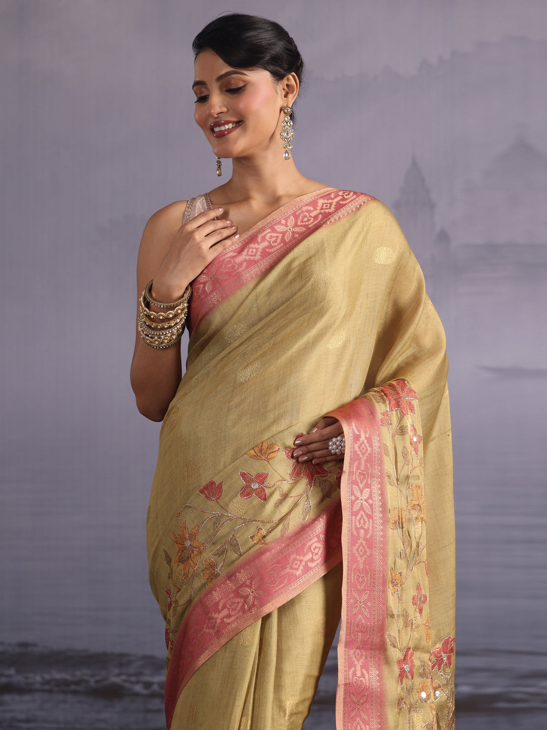 Libas Light Green Floral Printed Silk Blend Tassel Saree