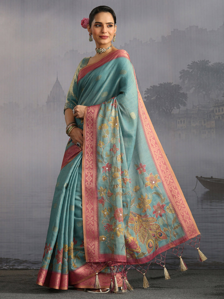 Libas Blue Peacock Printed Silk Blend Tassel Saree