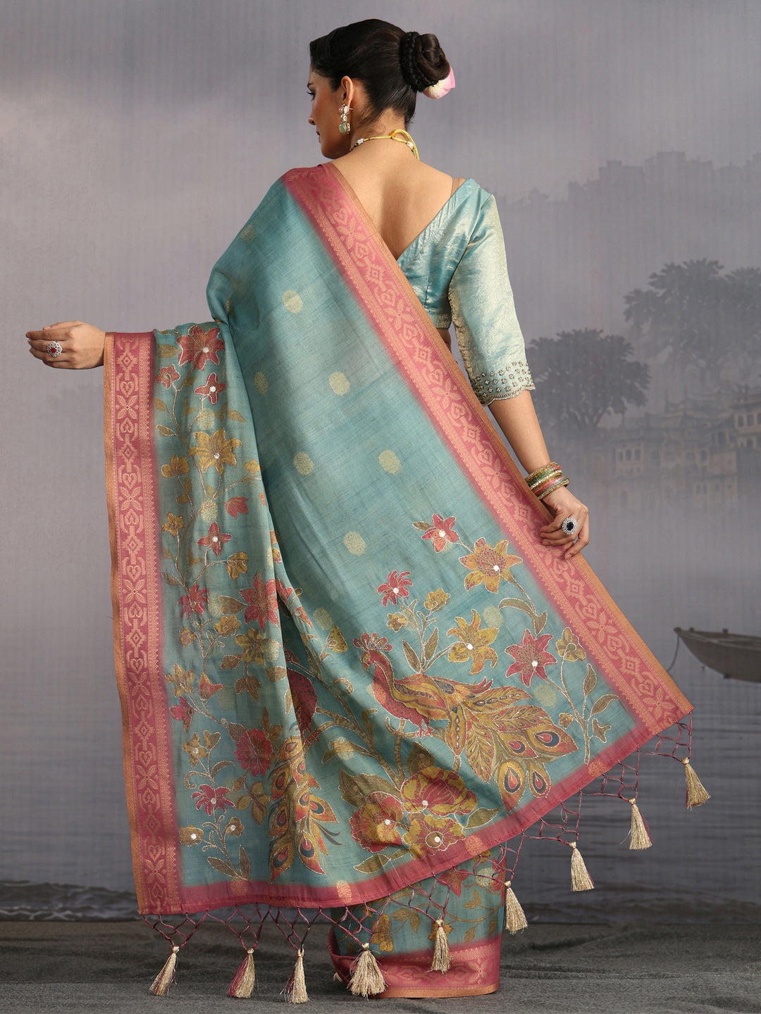 Libas Blue Peacock Printed Silk Blend Tassel Saree