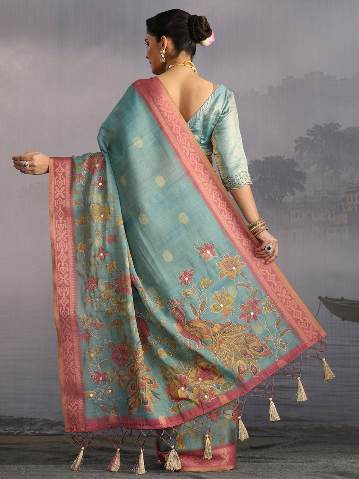 Libas Blue Peacock Printed Silk Blend Tassel Saree