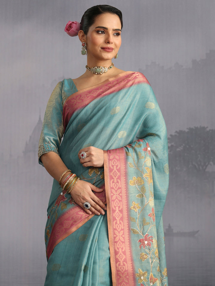 Libas Blue Peacock Printed Silk Blend Tassel Saree