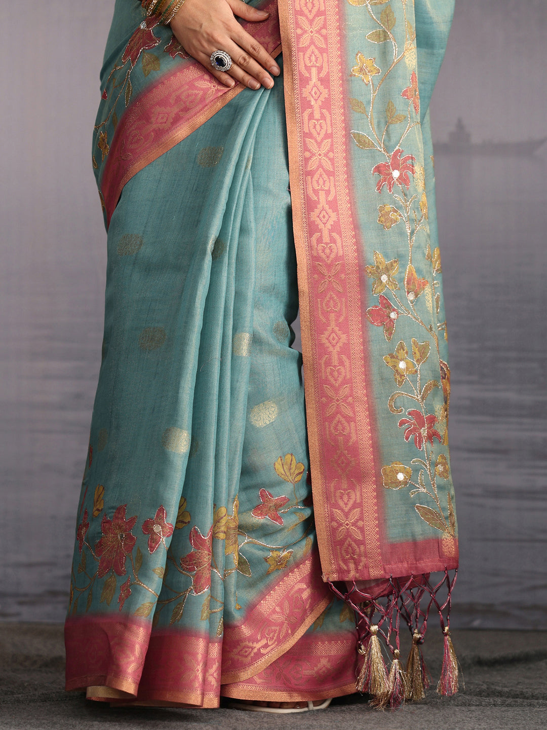 Libas Blue Peacock Printed Silk Blend Tassel Saree