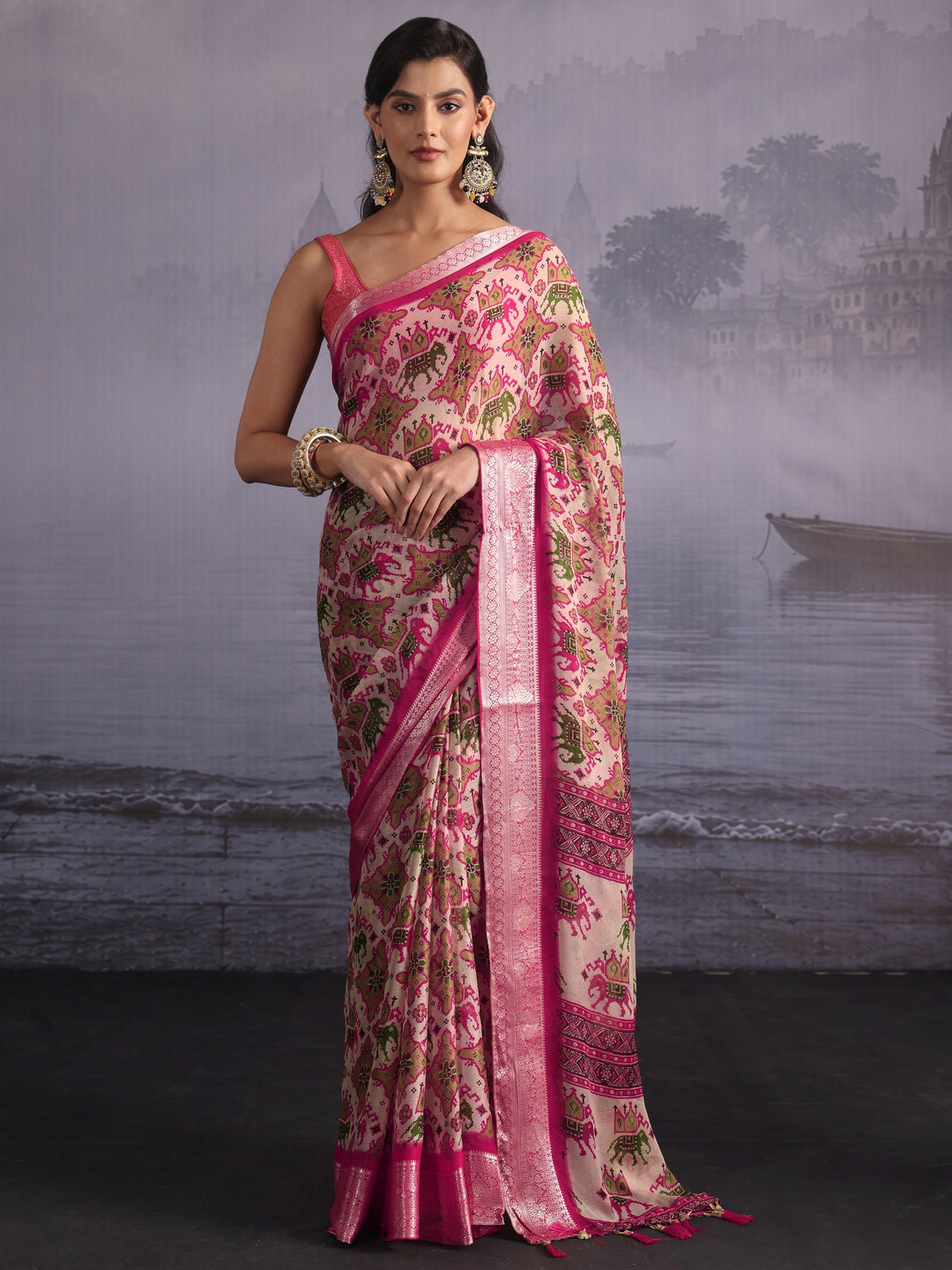 Libas Pink Patola Print Georgette Tassel Saree