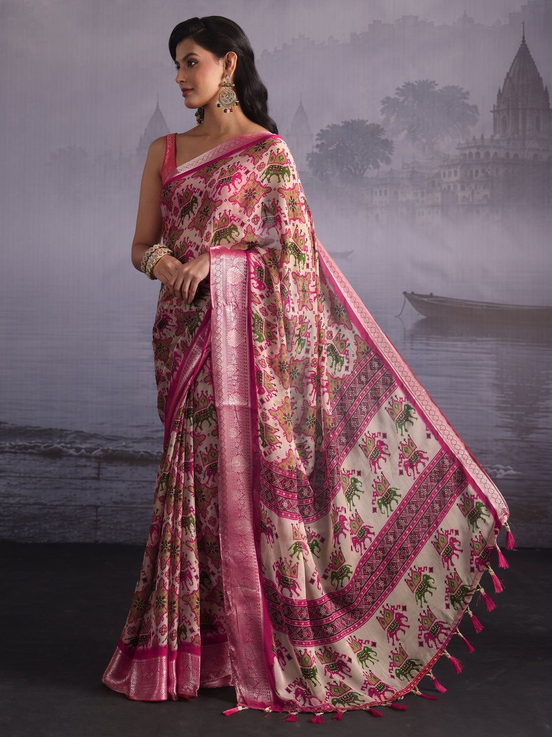 Libas Pink Patola Print Georgette Tassel Saree