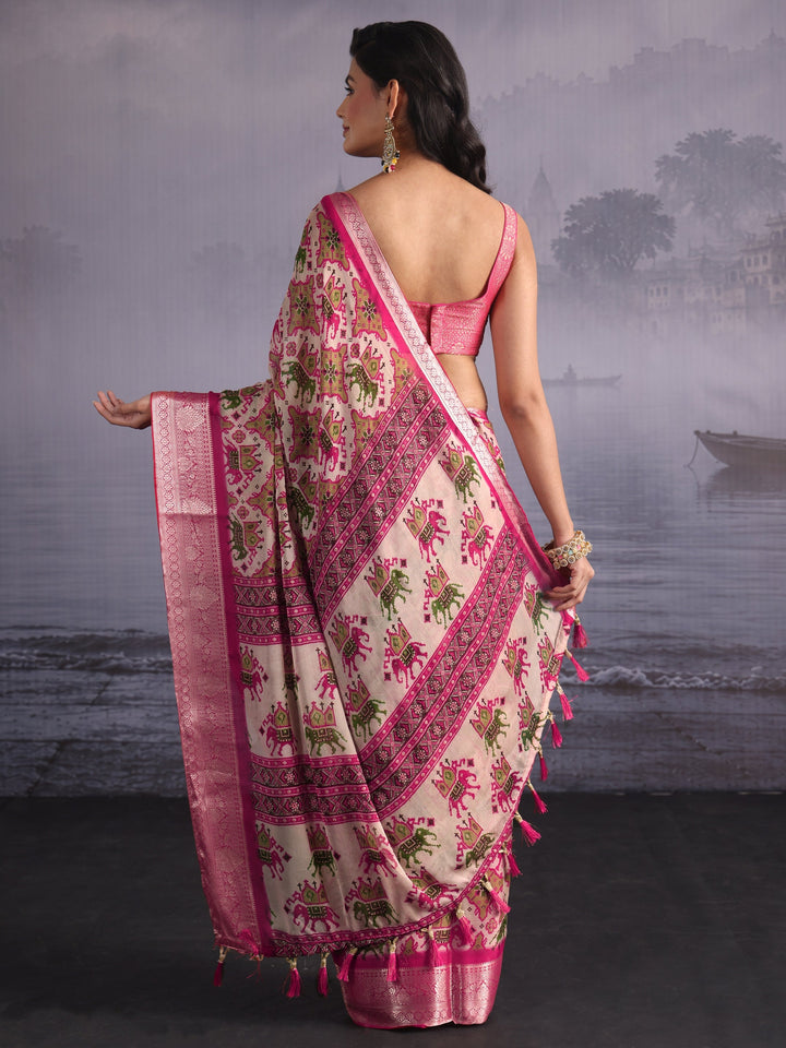 Libas Pink Patola Print Georgette Tassel Saree