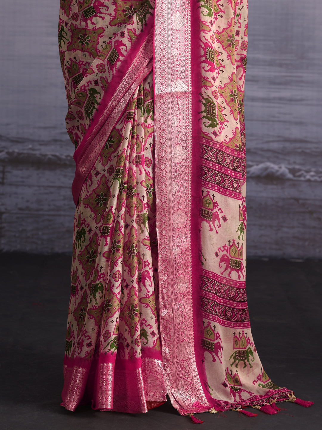 Libas Pink Patola Print Georgette Tassel Saree