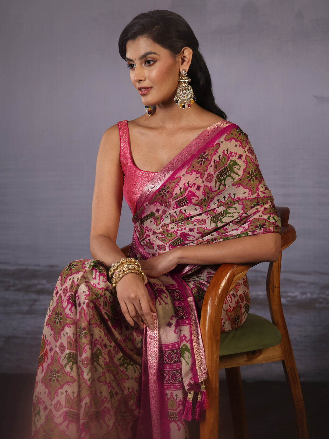 Libas Pink Patola Print Georgette Tassel Saree