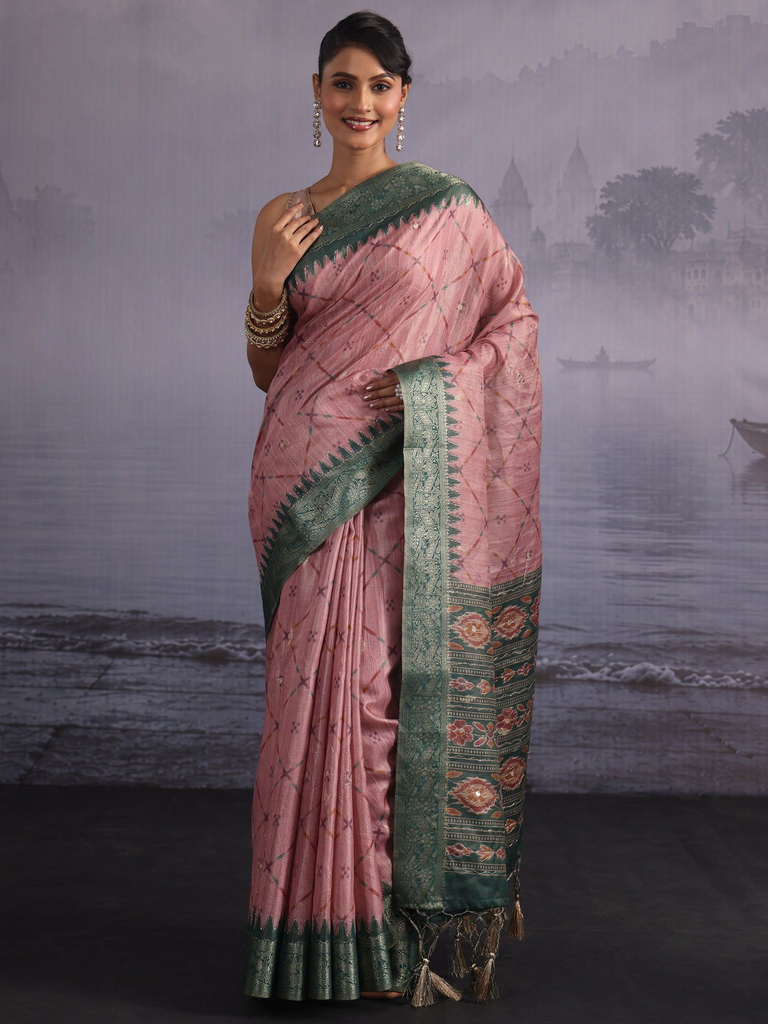 Libas Light Pink Printed Silk Blend Tassel Saree