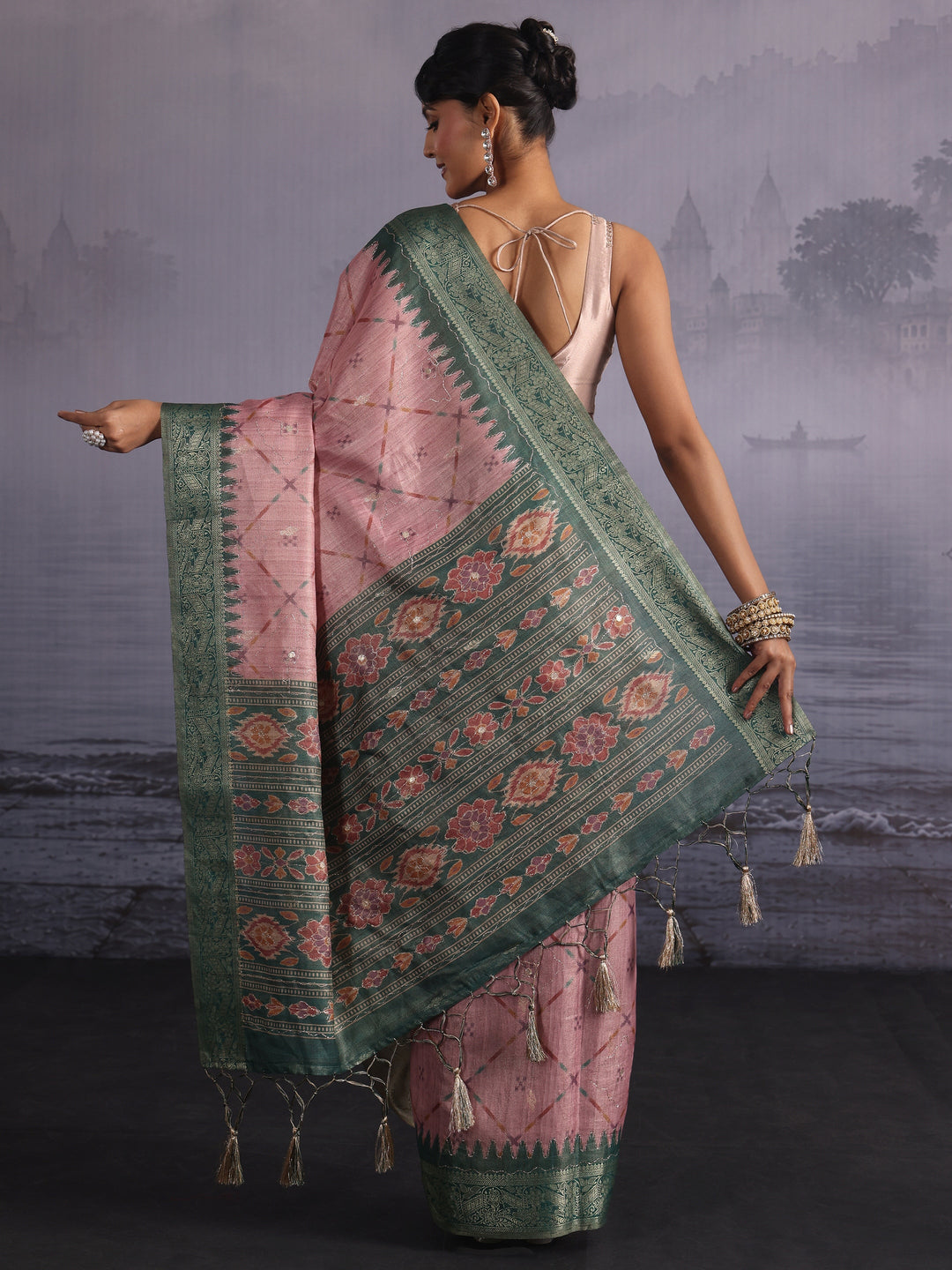 Libas Light Pink Printed Silk Blend Tassel Saree
