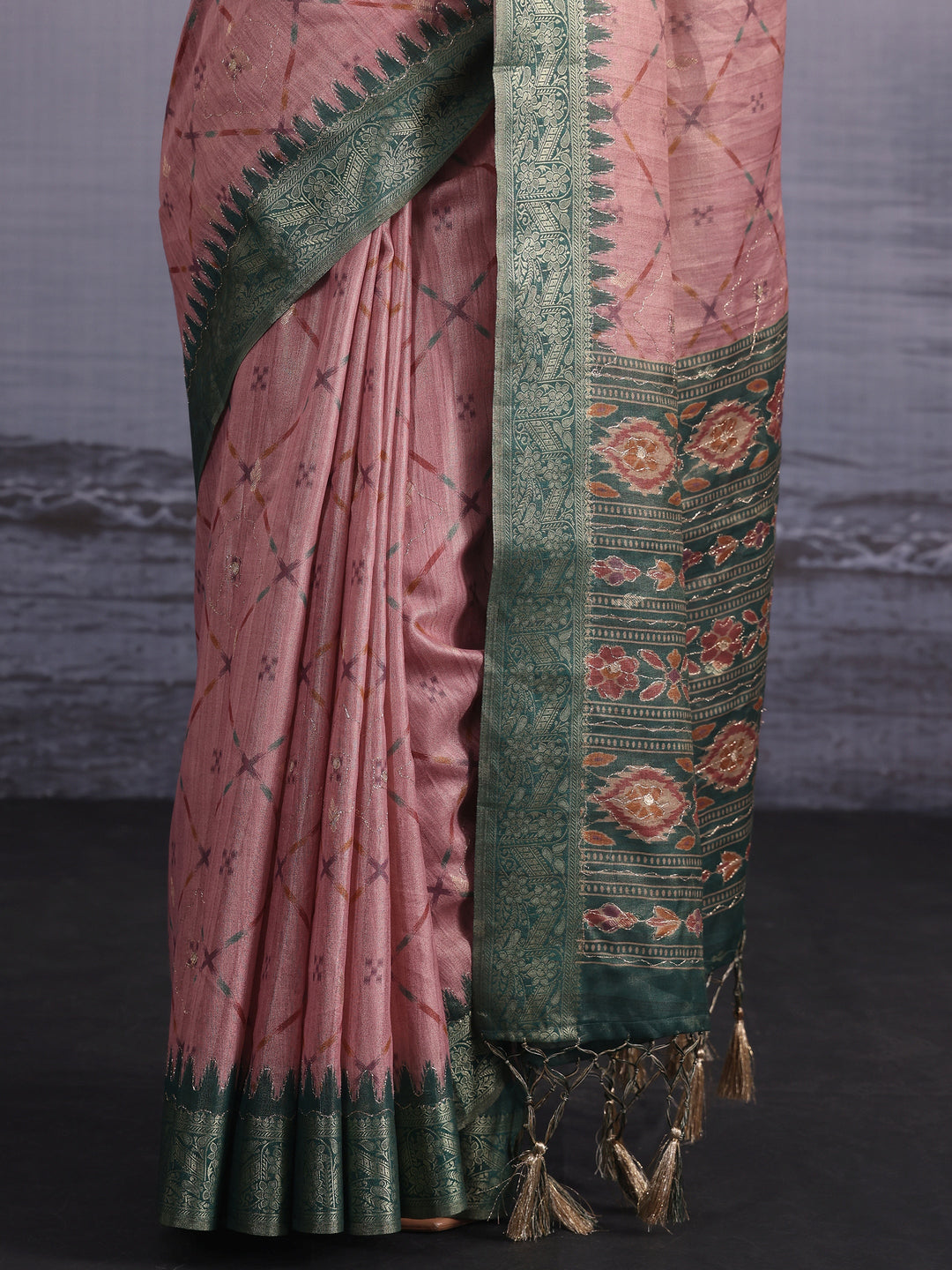 Libas Light Pink Printed Silk Blend Tassel Saree