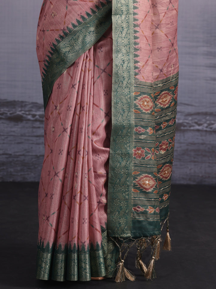 Libas Light Pink Printed Silk Blend Tassel Saree
