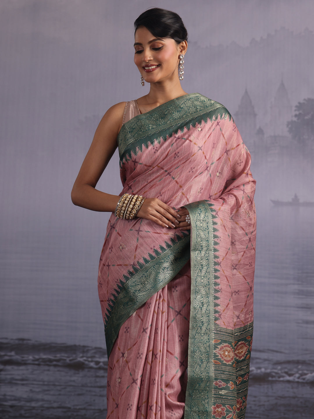 Libas Light Pink Printed Silk Blend Tassel Saree