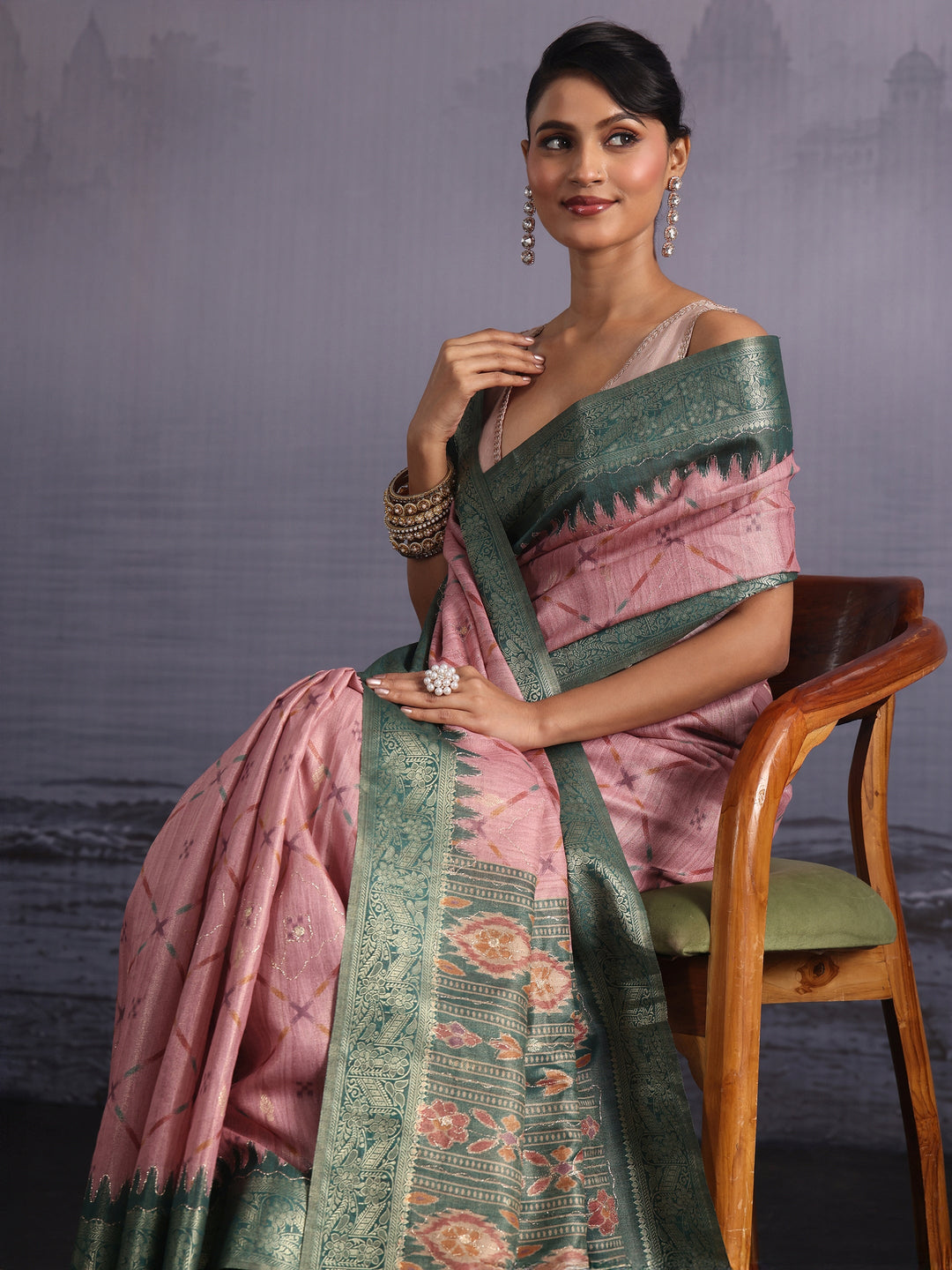 Libas Light Pink Printed Silk Blend Tassel Saree