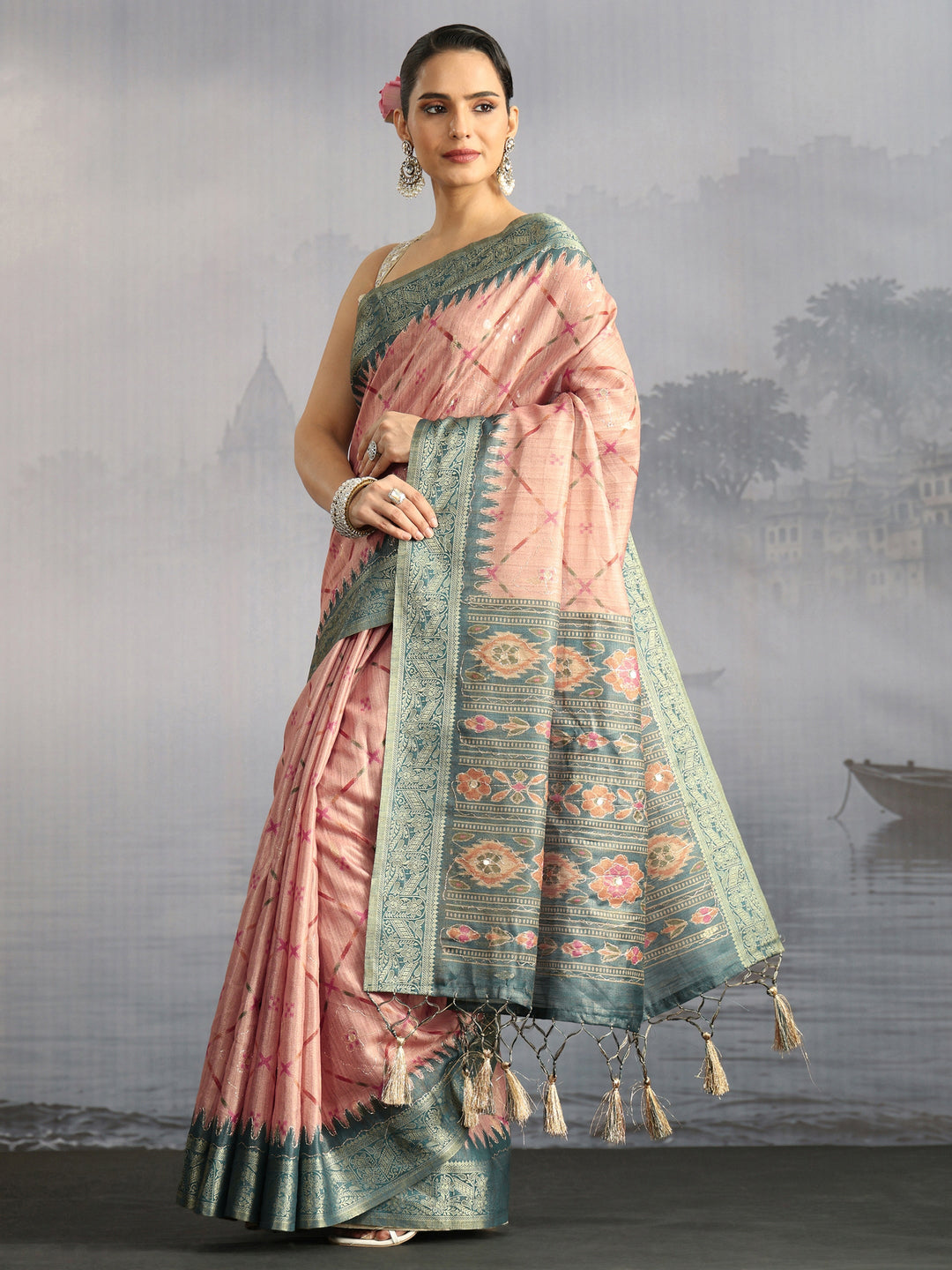 Libas Peach Printed Woven Design Pallu Silk Blend Tassel Saree