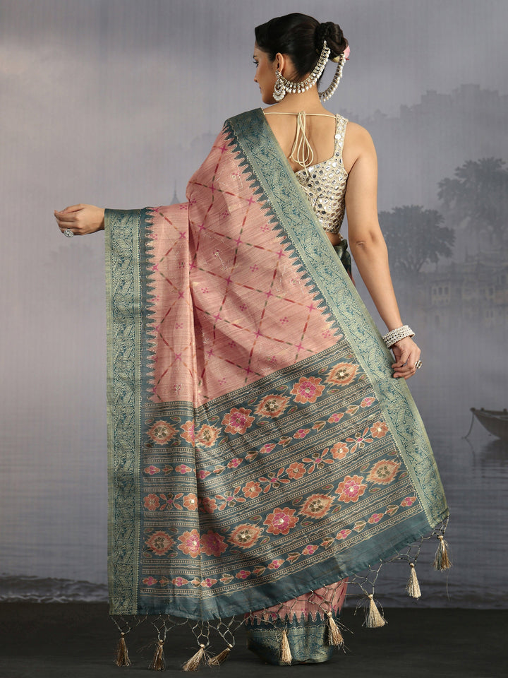 Libas Peach Printed Woven Design Pallu Silk Blend Tassel Saree