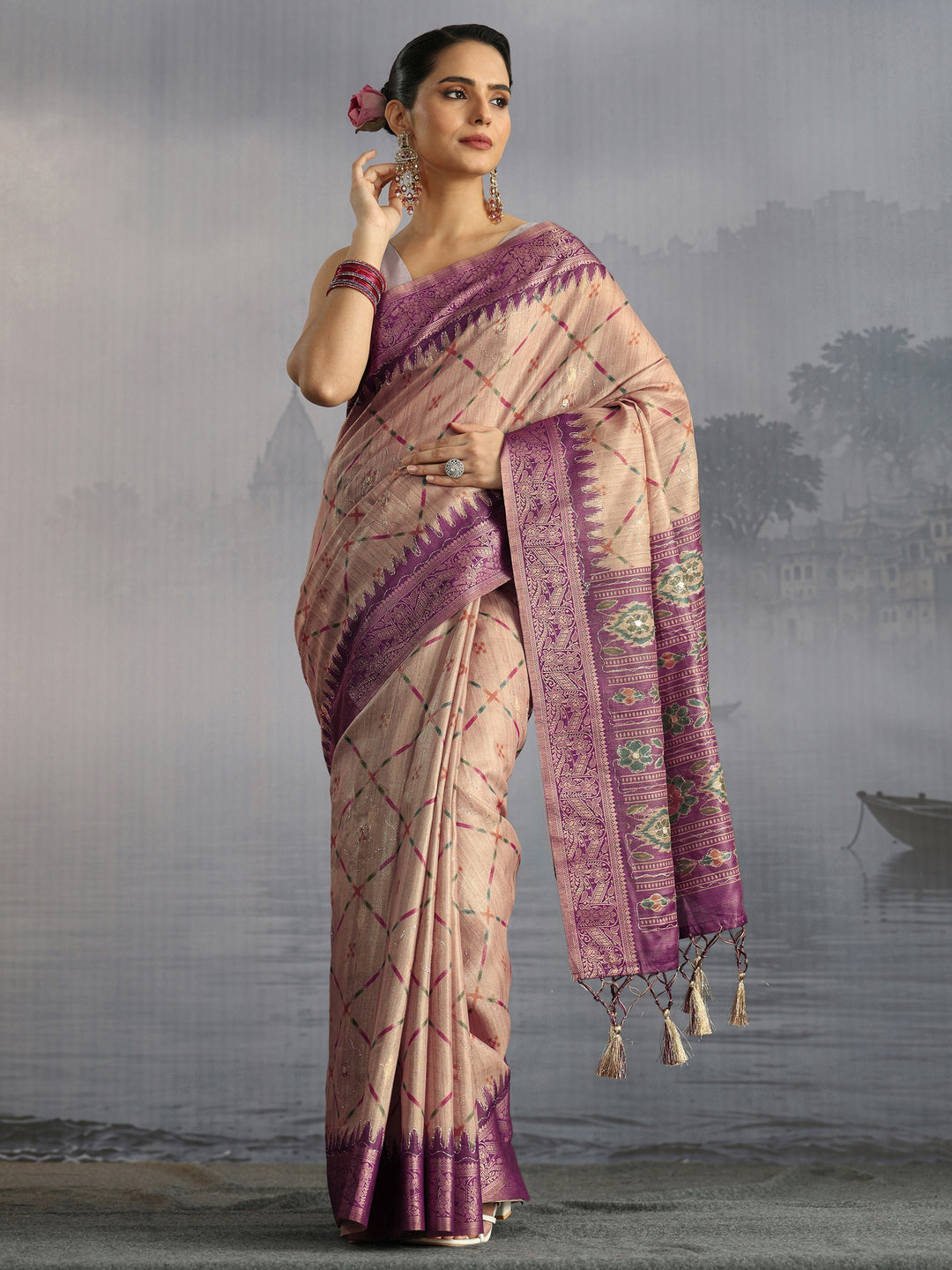Libas Beige Printed Woven Design Pallu Silk Blend Tassel Saree