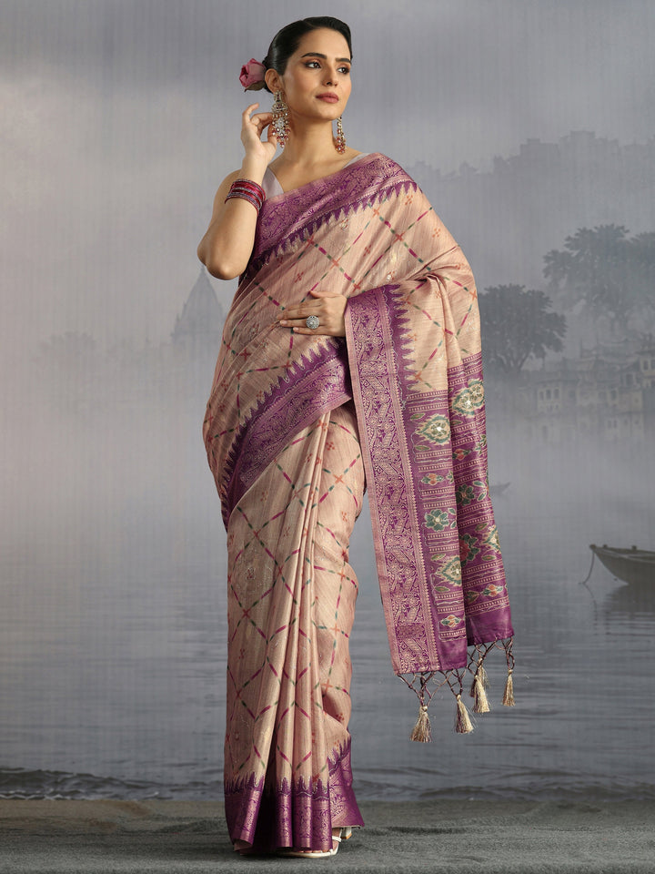 Libas Beige Printed Woven Design Pallu Silk Blend Tassel Saree