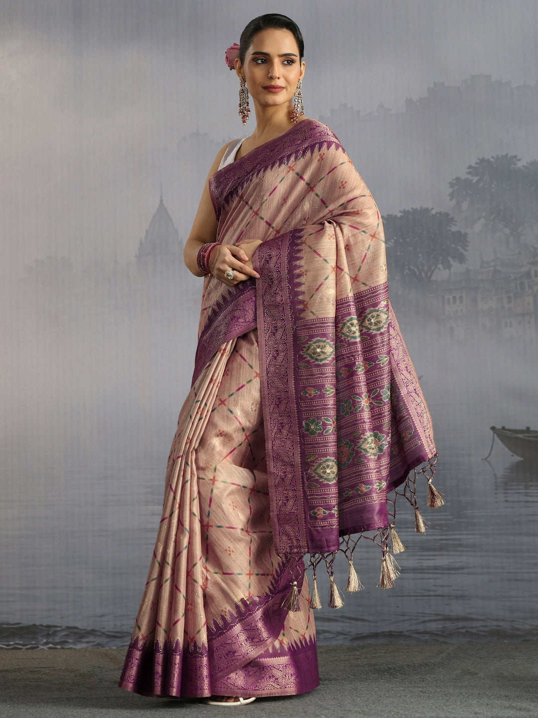 Libas Beige Printed Woven Design Pallu Silk Blend Tassel Saree