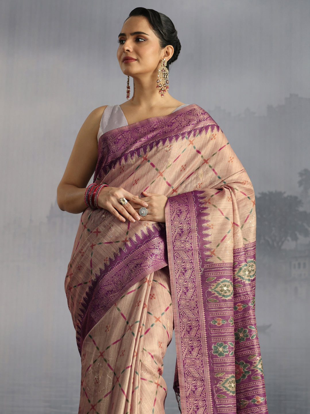 Libas Beige Printed Woven Design Pallu Silk Blend Tassel Saree