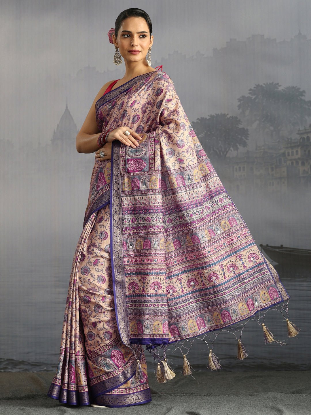 Libas Beige Floral Printed Silk Blend Tassel Saree